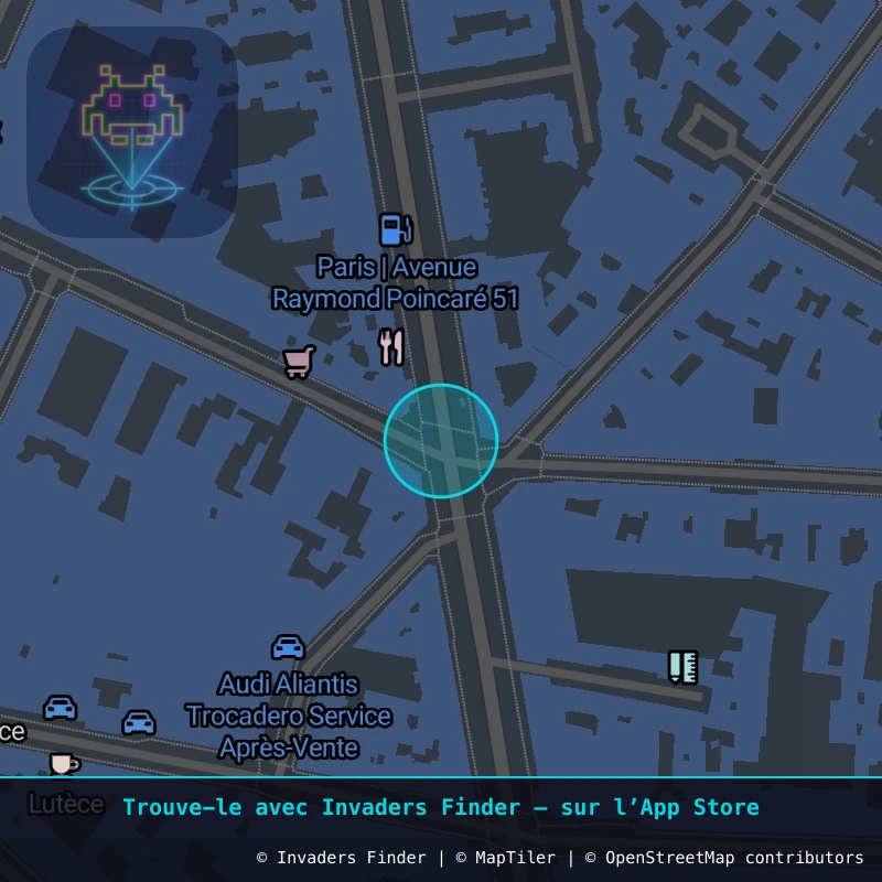 Zone approximative de l'invader PA_1252, dans le quartier 16e arrondissement de Paris à Paris. Emplacement exact disponible dans l'app Invaders Finder.