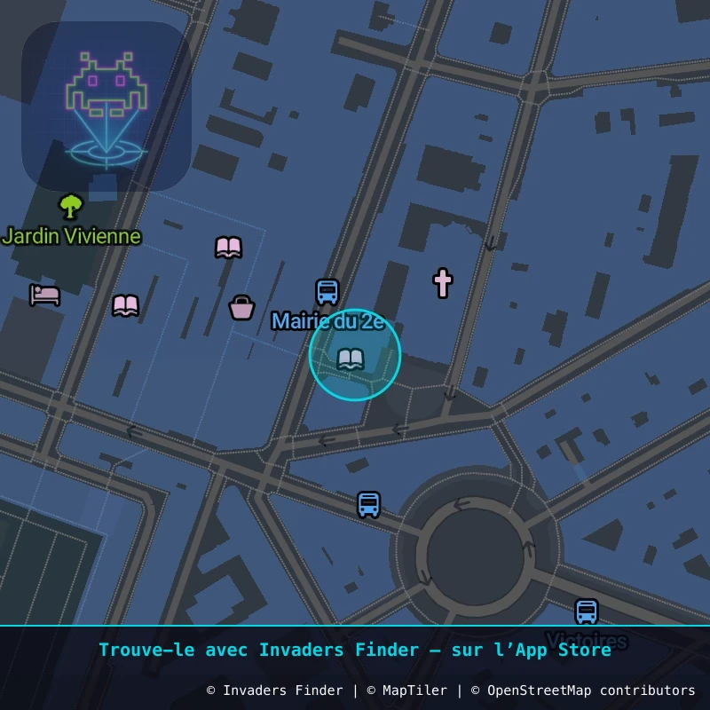Zone approximative de l'invader PA_1255, dans le quartier 2e arrondissement de Paris à Paris. Emplacement exact disponible dans l'app Invaders Finder.