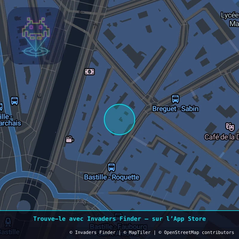Zone approximative de l'invader PA_1258, dans le quartier 11e arrondissement de Paris à Paris. Emplacement exact disponible dans l'app Invaders Finder.