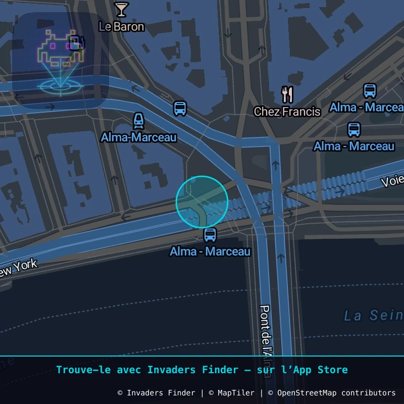 Zone approximative de l'invader PA_1290, dans le quartier 16e arrondissement de Paris à Paris. Emplacement exact disponible dans l'app Invaders Finder.
