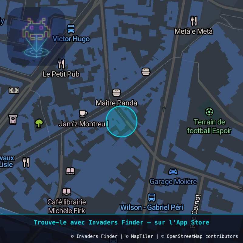 Zone approximative de l'invader PA_1291, dans le quartier Paris métropolitain (PA93) à Paris. Emplacement exact disponible dans l'app Invaders Finder.