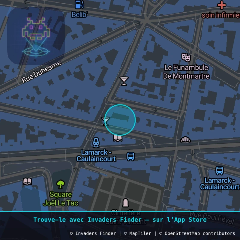 Zone approximative de l'invader PA_1292, dans le quartier 18e arrondissement de Paris à Paris. Emplacement exact disponible dans l'app Invaders Finder.