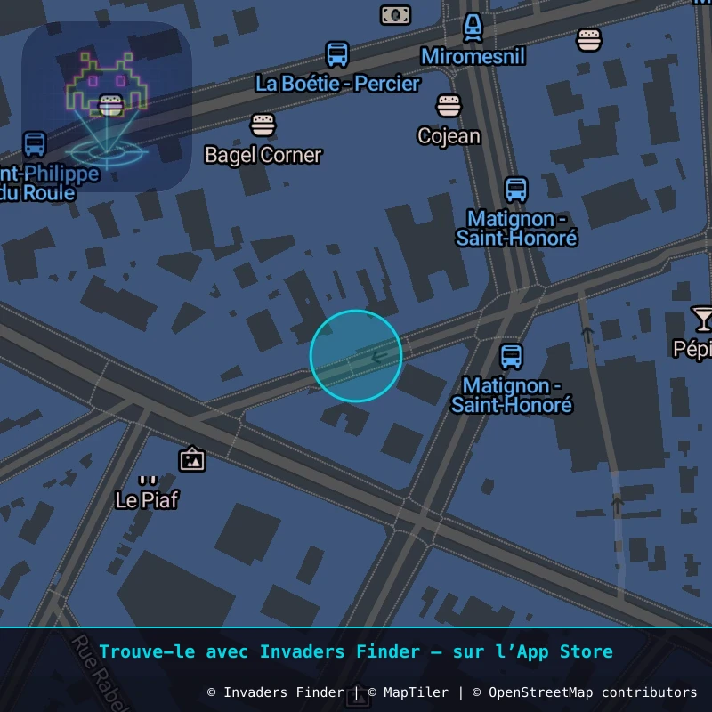 Zone approximative de l'invader PA_1294, dans le quartier 8e arrondissement de Paris à Paris. Emplacement exact disponible dans l'app Invaders Finder.