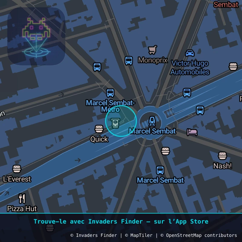 Zone approximative de l'invader PA_1298, dans le quartier Paris métropolitain (PA92) à Paris. Emplacement exact disponible dans l'app Invaders Finder.
