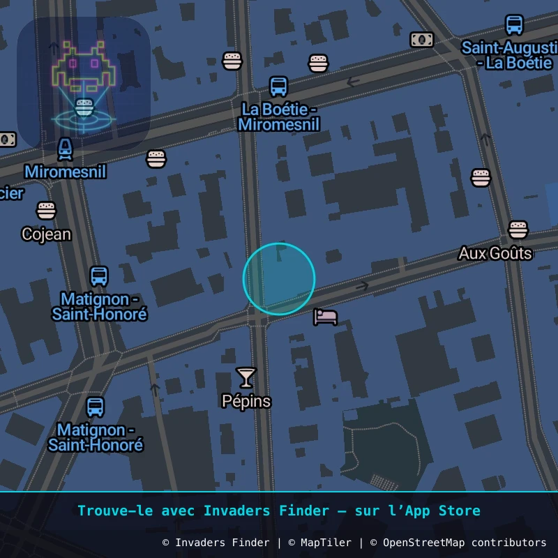 Zone approximative de l'invader PA_1310, dans le quartier 8e arrondissement de Paris à Paris. Emplacement exact disponible dans l'app Invaders Finder.
