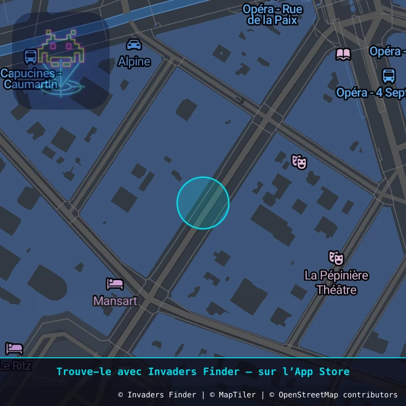 Zone approximative de l'invader PA_1333, dans le quartier 2e arrondissement de Paris à Paris. Emplacement exact disponible dans l'app Invaders Finder.