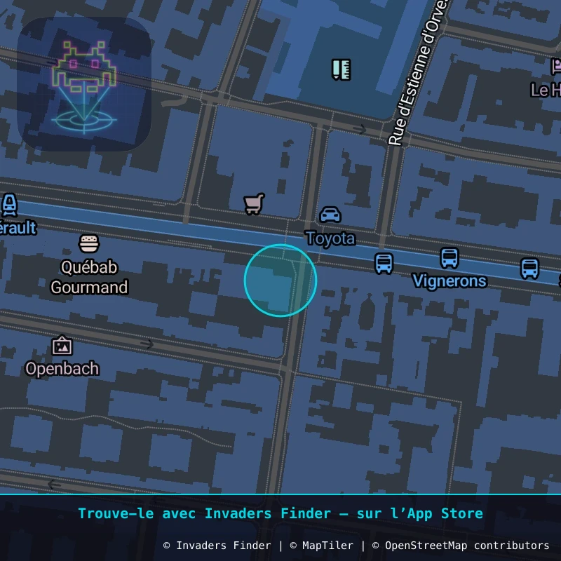Zone approximative de l'invader PA_1339, dans le quartier Paris métropolitain (PA94) à Paris. Emplacement exact disponible dans l'app Invaders Finder.