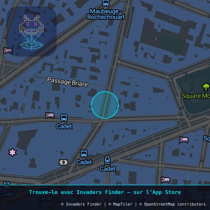Zone approximative de l'invader PA_1340, dans le quartier 9e arrondissement de Paris à Paris. Emplacement exact disponible dans l'app Invaders Finder.