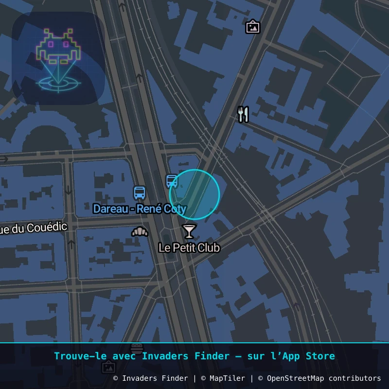 Zone approximative de l'invader PA_1349, dans le quartier 14e arrondissement de Paris à Paris. Emplacement exact disponible dans l'app Invaders Finder.