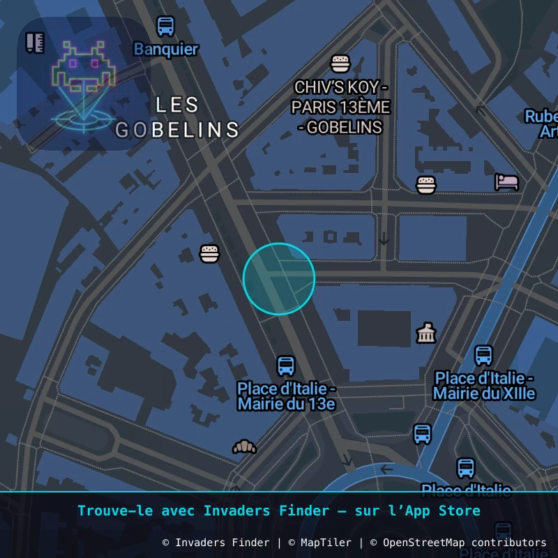 Zone approximative de l'invader PA_1353, dans le quartier 13e arrondissement de Paris à Paris. Emplacement exact disponible dans l'app Invaders Finder.