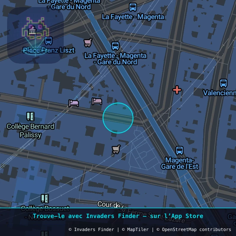 Zone approximative de l'invader PA_1355, dans le quartier 10e arrondissement de Paris à Paris. Emplacement exact disponible dans l'app Invaders Finder.