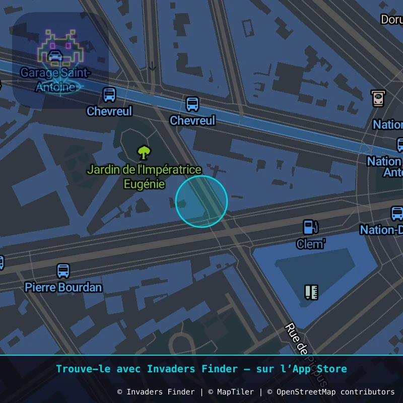 Zone approximative de l'invader PA_1356, dans le quartier 12e arrondissement de Paris à Paris. Emplacement exact disponible dans l'app Invaders Finder.