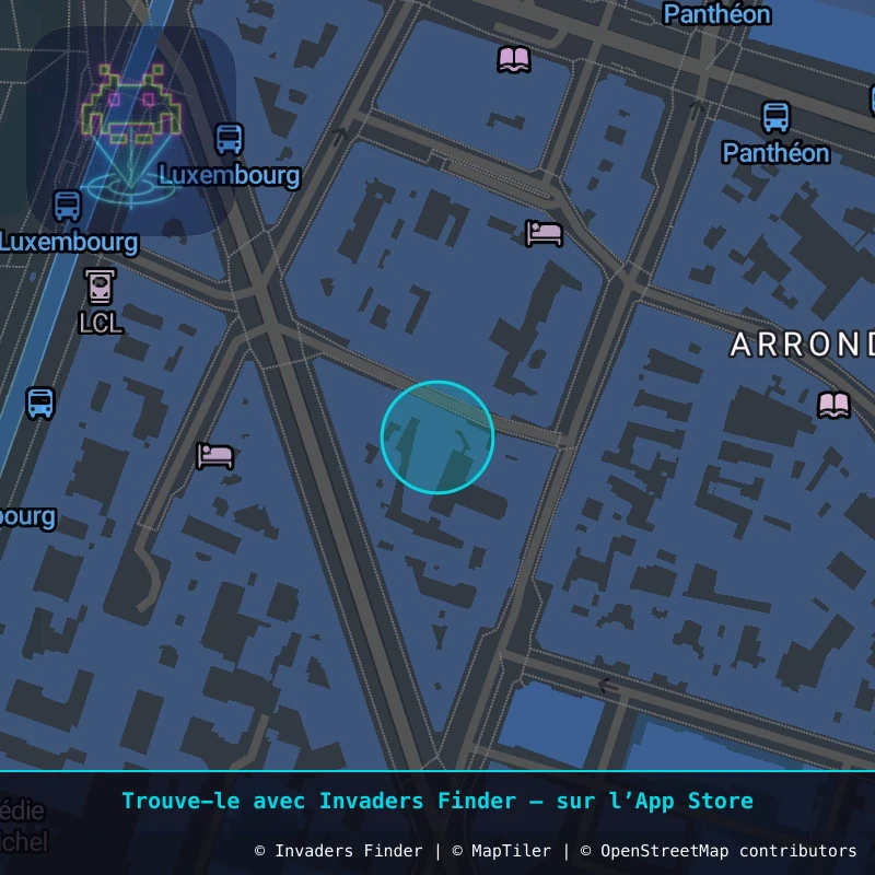 Zone approximative de l'invader PA_1358, dans le quartier 5e arrondissement de Paris à Paris. Emplacement exact disponible dans l'app Invaders Finder.