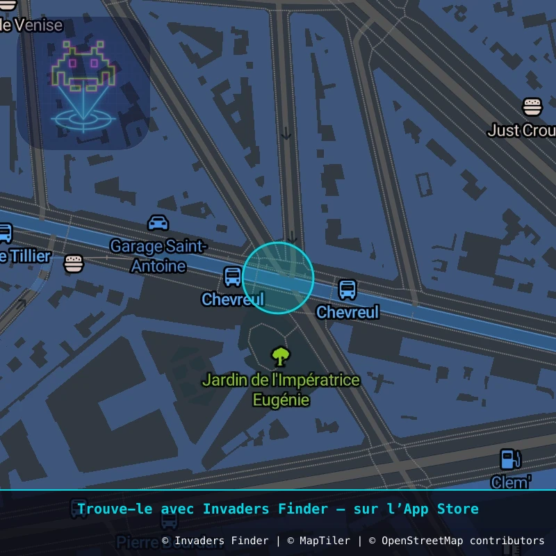 Zone approximative de l'invader PA_1362, dans le quartier 11e arrondissement de Paris à Paris. Emplacement exact disponible dans l'app Invaders Finder.