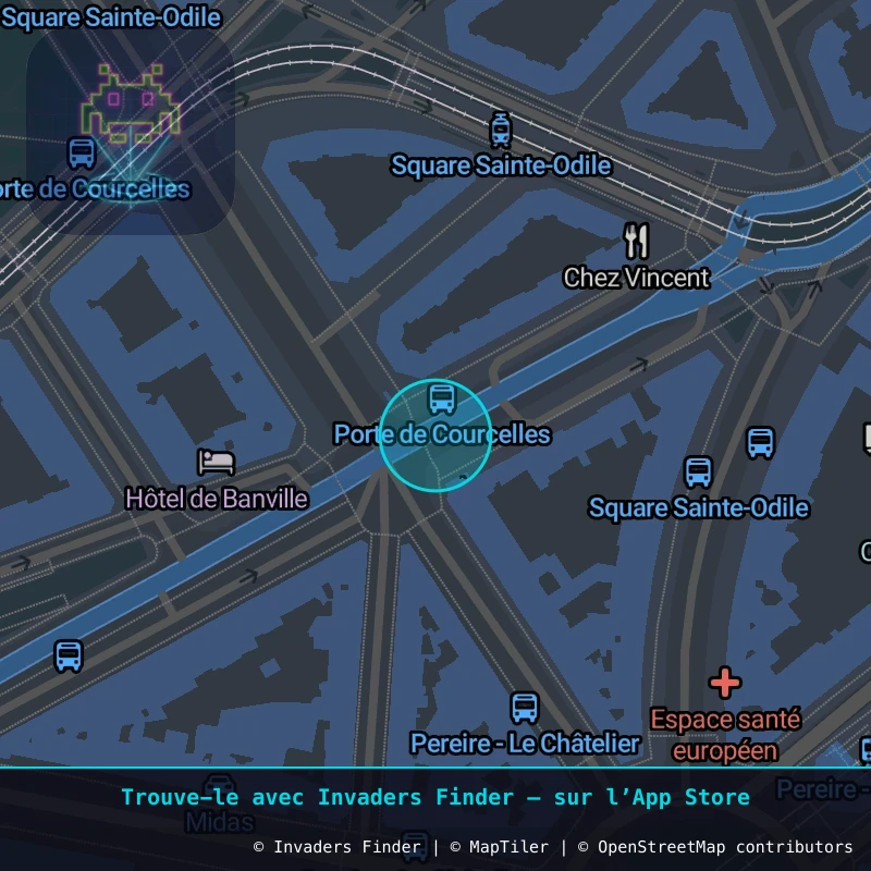 Zone approximative de l'invader PA_1367, dans le quartier 17e arrondissement de Paris à Paris. Emplacement exact disponible dans l'app Invaders Finder.