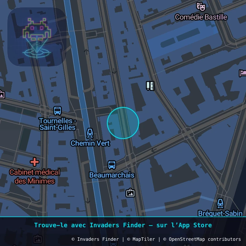 Zone approximative de l'invader PA_1374, dans le quartier 11e arrondissement de Paris à Paris. Emplacement exact disponible dans l'app Invaders Finder.