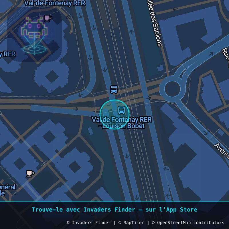Zone approximative de l'invader PA_1401, dans le quartier Paris métropolitain (PA94) à Paris. Emplacement exact disponible dans l'app Invaders Finder.