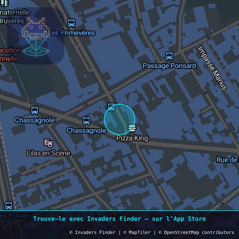 Zone approximative de l'invader PA_1402, dans le quartier Paris métropolitain (PA93) à Paris. Emplacement exact disponible dans l'app Invaders Finder.
