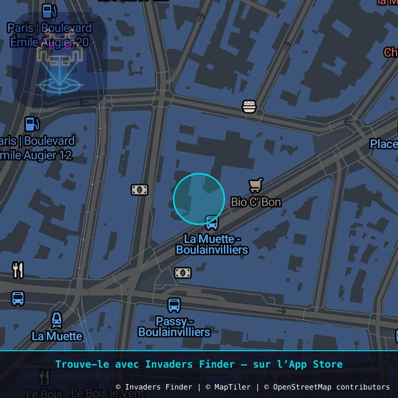 Zone approximative de l'invader PA_1411, dans le quartier 16e arrondissement de Paris à Paris. Emplacement exact disponible dans l'app Invaders Finder.