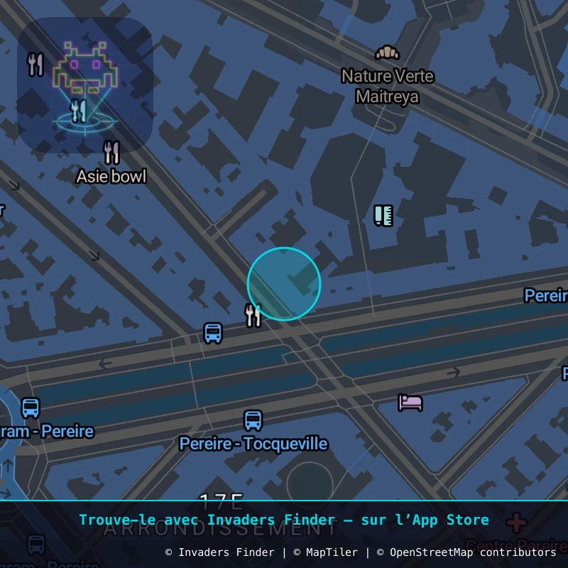 Zone approximative de l'invader PA_1412, dans le quartier 17e arrondissement de Paris à Paris. Emplacement exact disponible dans l'app Invaders Finder.