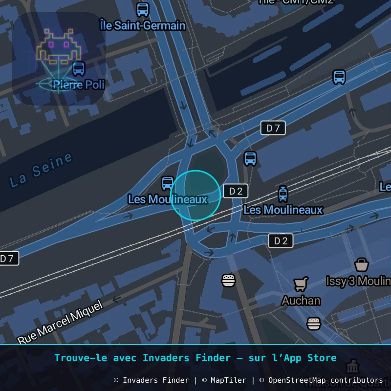 Zone approximative de l'invader PA_1416, dans le quartier Paris métropolitain (PA92) à Paris. Emplacement exact disponible dans l'app Invaders Finder.