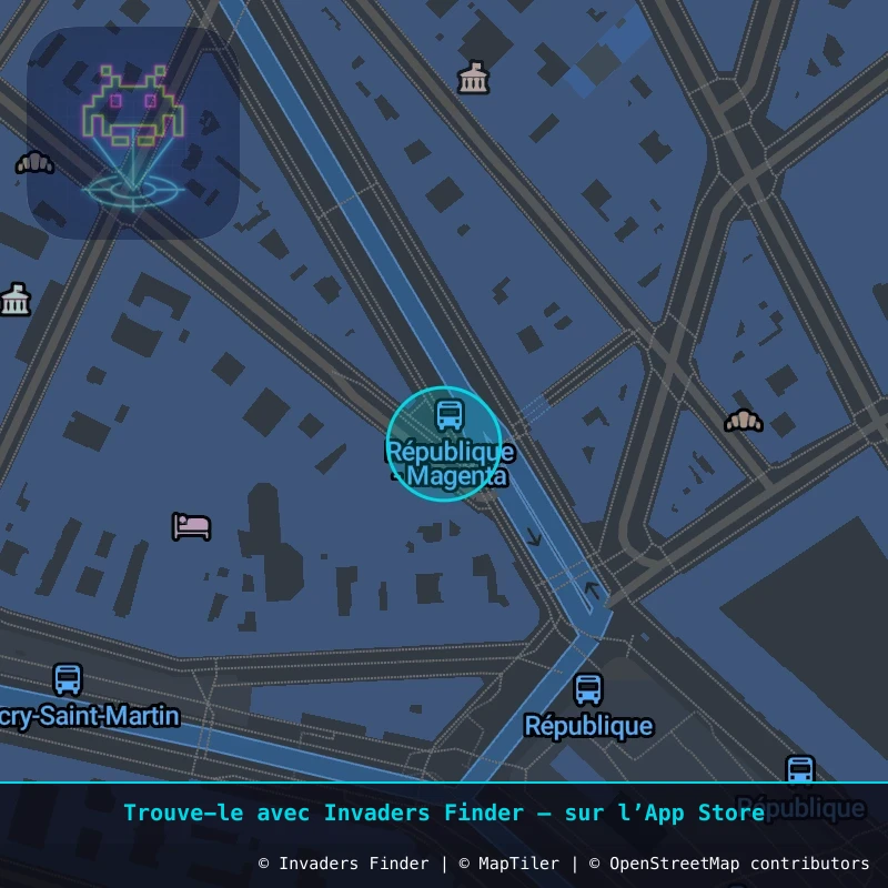 Zone approximative de l'invader PA_1419, dans le quartier 10e arrondissement de Paris à Paris. Emplacement exact disponible dans l'app Invaders Finder.