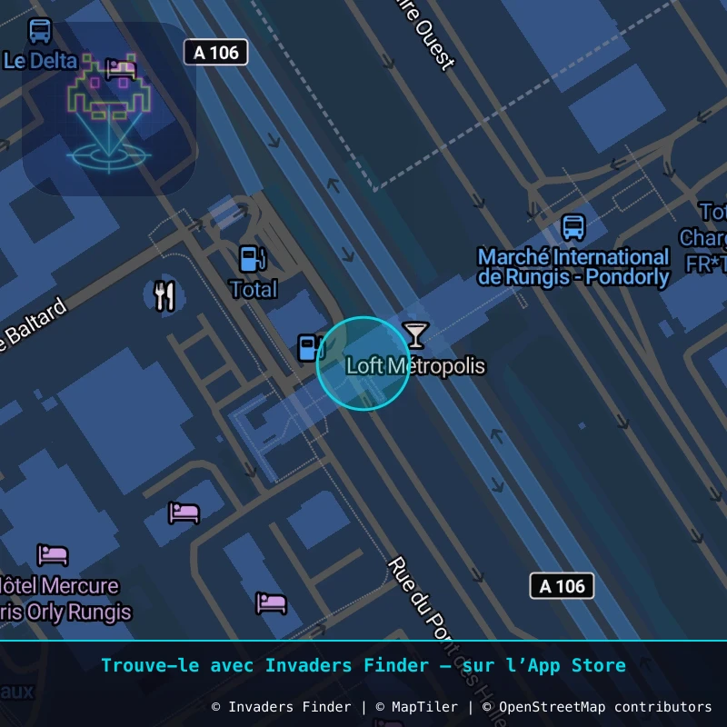Zone approximative de l'invader PA_1422, dans le quartier Paris métropolitain (PA94) à Paris. Emplacement exact disponible dans l'app Invaders Finder.