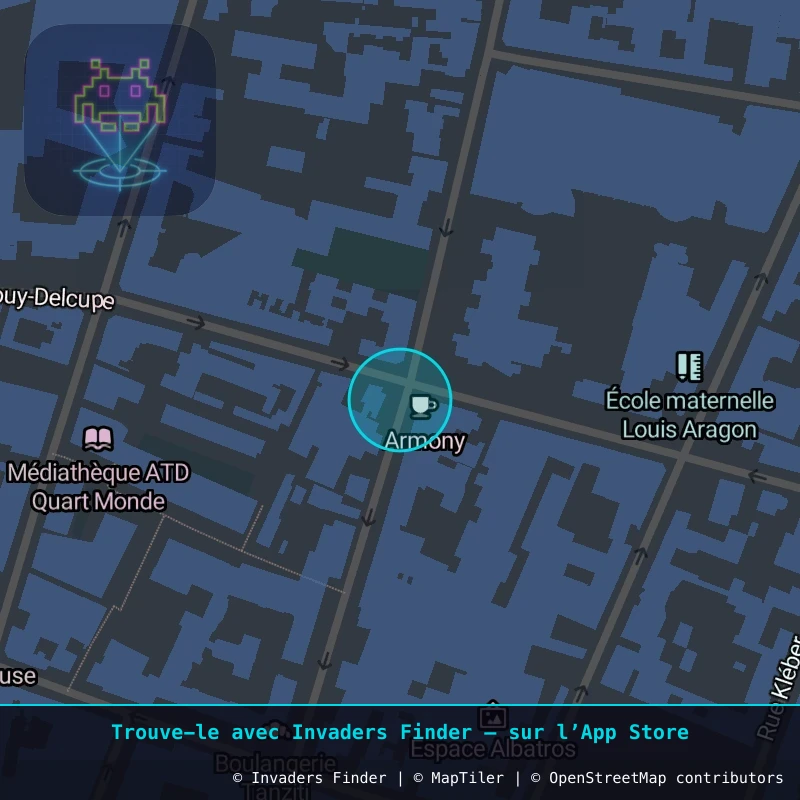Zone approximative de l'invader PA_1434, dans le quartier Paris métropolitain (PA93) à Paris. Emplacement exact disponible dans l'app Invaders Finder.