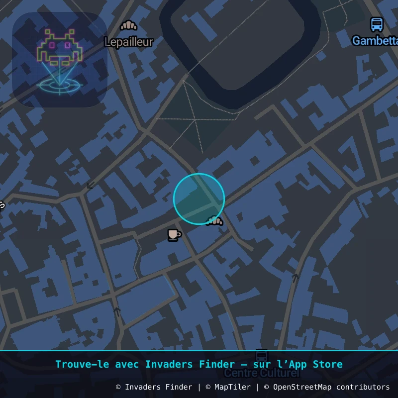 Zone approximative de l'invader PA_1443, dans le quartier Paris métropolitain (PA77) à Paris. Emplacement exact disponible dans l'app Invaders Finder.