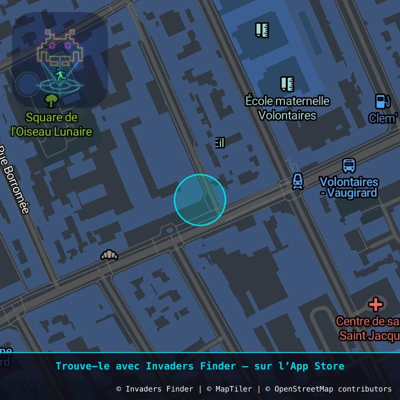 Zone approximative de l'invader PA_1445, dans le quartier 15e arrondissement de Paris à Paris. Emplacement exact disponible dans l'app Invaders Finder.