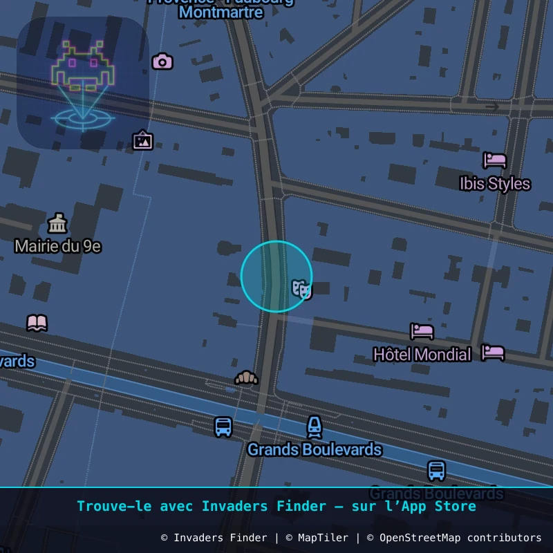Zone approximative de l'invader PA_1459, dans le quartier 9e arrondissement de Paris à Paris. Emplacement exact disponible dans l'app Invaders Finder.