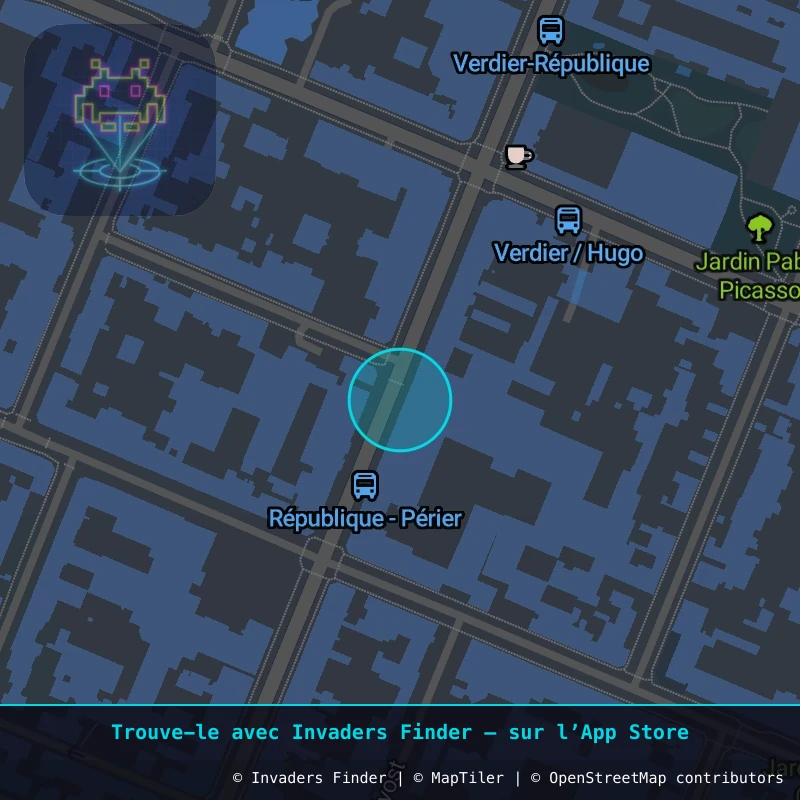 Zone approximative de l'invader PA_1491, dans le quartier Paris métropolitain (PA92) à Paris. Emplacement exact disponible dans l'app Invaders Finder.