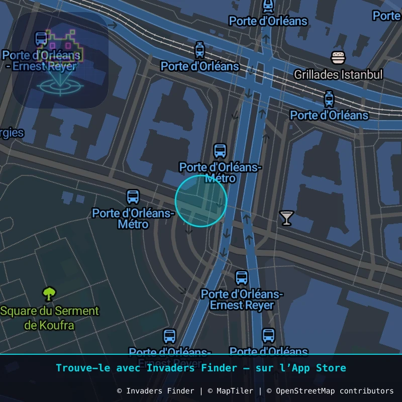 Zone approximative de l'invader PA_1493, dans le quartier 14e arrondissement de Paris à Paris. Emplacement exact disponible dans l'app Invaders Finder.