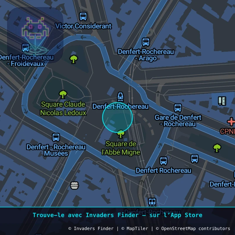 Zone approximative de l'invader PA_1494, dans le quartier 14e arrondissement de Paris à Paris. Emplacement exact disponible dans l'app Invaders Finder.