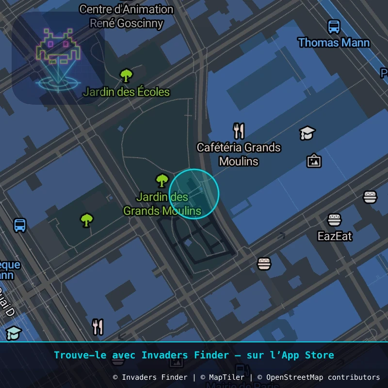 Zone approximative de l'invader PA_1495, dans le quartier 13e arrondissement de Paris à Paris. Emplacement exact disponible dans l'app Invaders Finder.