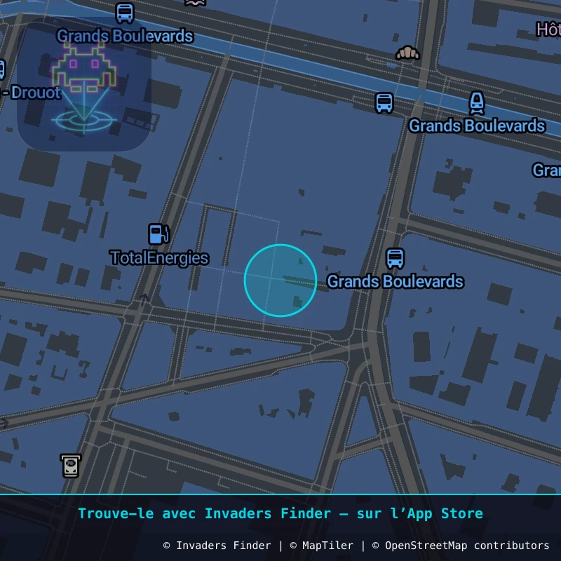 Zone approximative de l'invader PA_1537, dans le quartier 2e arrondissement de Paris à Paris. Emplacement exact disponible dans l'app Invaders Finder.