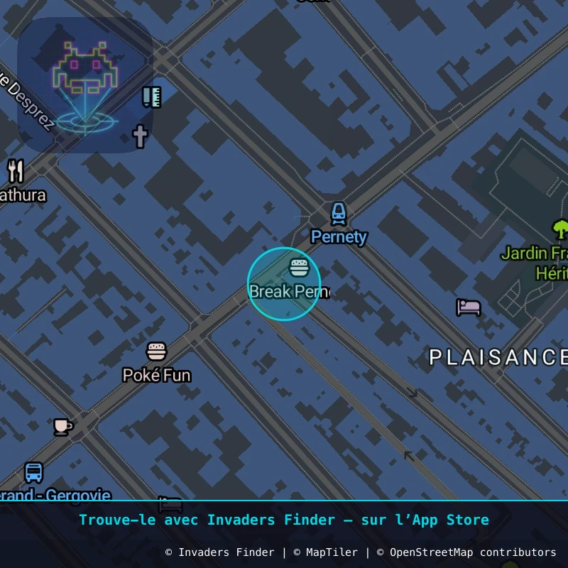 Zone approximative de l'invader PA_1540, dans le quartier 14e arrondissement de Paris à Paris. Emplacement exact disponible dans l'app Invaders Finder.