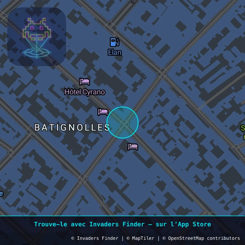 Zone approximative de l'invader PA_1547, dans le quartier 17e arrondissement de Paris à Paris. Emplacement exact disponible dans l'app Invaders Finder.