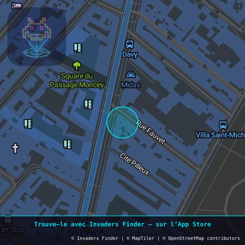 Zone approximative de l'invader PA_1548, dans le quartier 18e arrondissement de Paris à Paris. Emplacement exact disponible dans l'app Invaders Finder.