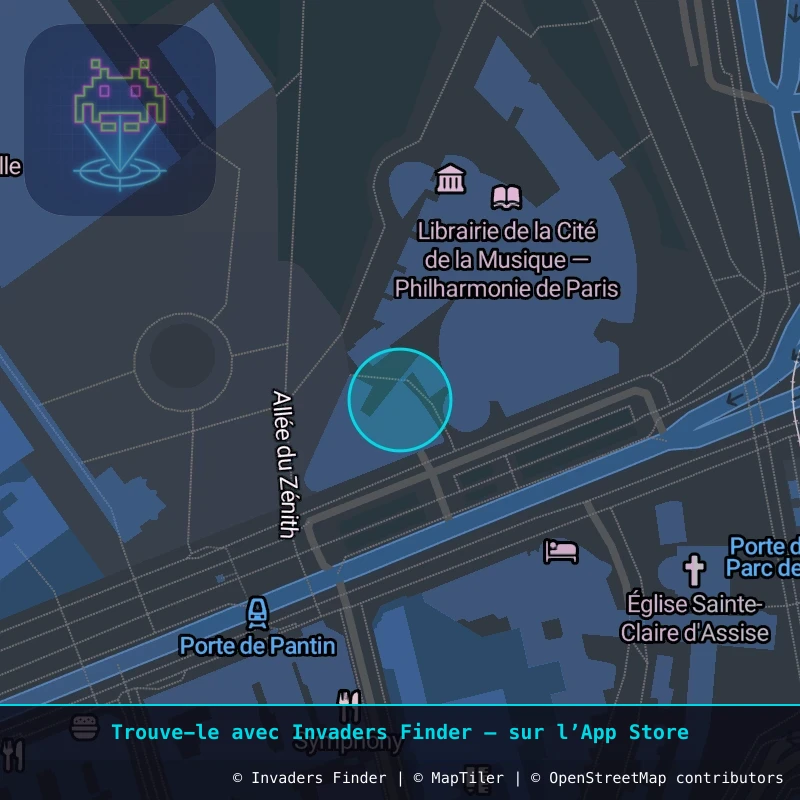 Zone approximative de l'invader PA_1564, dans le quartier 19e arrondissement de Paris à Paris. Emplacement exact disponible dans l'app Invaders Finder.