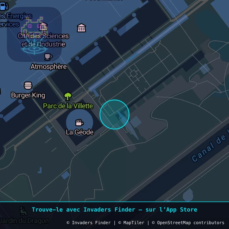 Zone approximative de l'invader PA_1573, dans le quartier 19e arrondissement de Paris à Paris. Emplacement exact disponible dans l'app Invaders Finder.