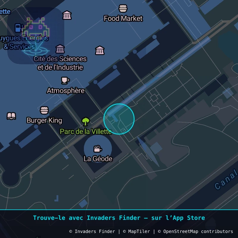 Zone approximative de l'invader PA_1574, dans le quartier 19e arrondissement de Paris à Paris. Emplacement exact disponible dans l'app Invaders Finder.