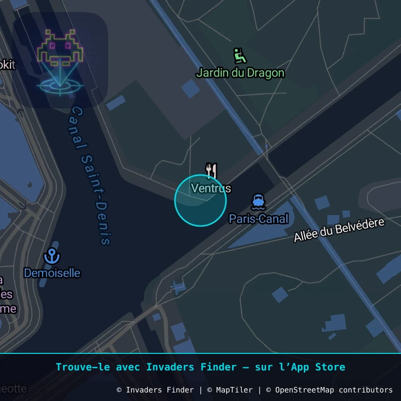 Zone approximative de l'invader PA_1576, dans le quartier 19e arrondissement de Paris à Paris. Emplacement exact disponible dans l'app Invaders Finder.