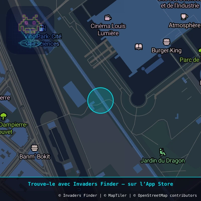 Zone approximative de l'invader PA_1577, dans le quartier 19e arrondissement de Paris à Paris. Emplacement exact disponible dans l'app Invaders Finder.