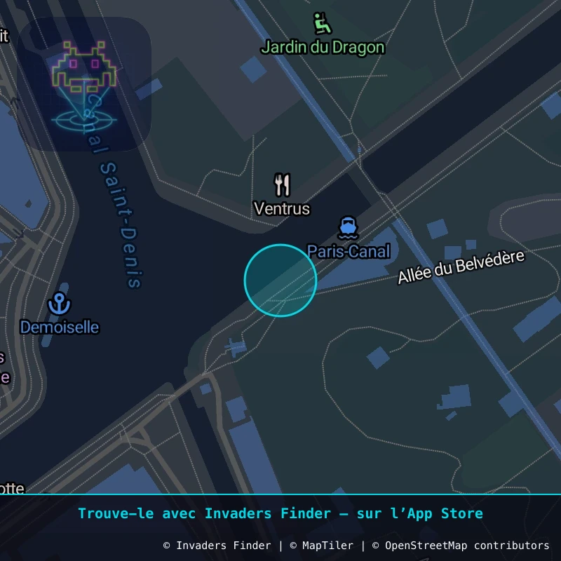 Zone approximative de l'invader PA_1582, dans le quartier 19e arrondissement de Paris à Paris. Emplacement exact disponible dans l'app Invaders Finder.