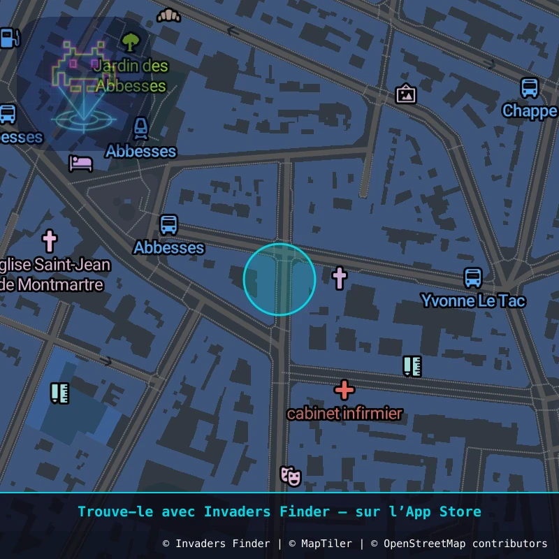 Zone approximative de l'invader PA_161, dans le quartier 18e arrondissement de Paris à Paris. Emplacement exact disponible dans l'app Invaders Finder.