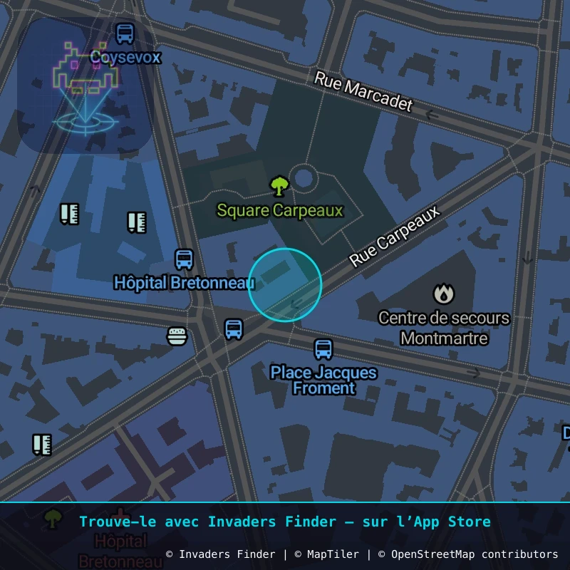 Zone approximative de l'invader PA_172, dans le quartier 18e arrondissement de Paris à Paris. Emplacement exact disponible dans l'app Invaders Finder.