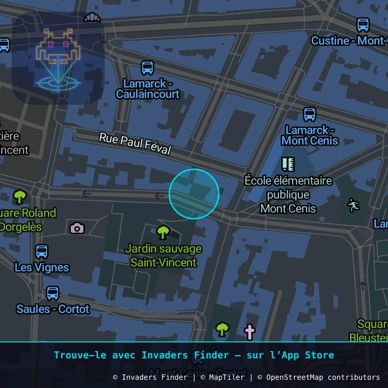 Zone approximative de l'invader PA_18, dans le quartier 18e arrondissement de Paris à Paris. Emplacement exact disponible dans l'app Invaders Finder.