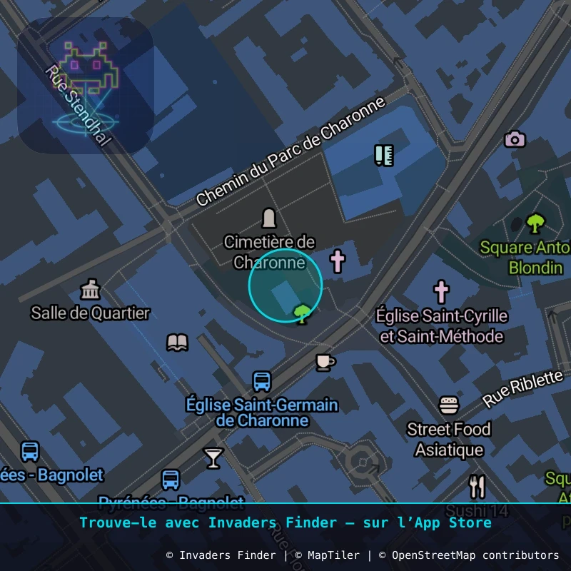 Zone approximative de l'invader PA_190, dans le quartier 20e arrondissement de Paris à Paris. Emplacement exact disponible dans l'app Invaders Finder.