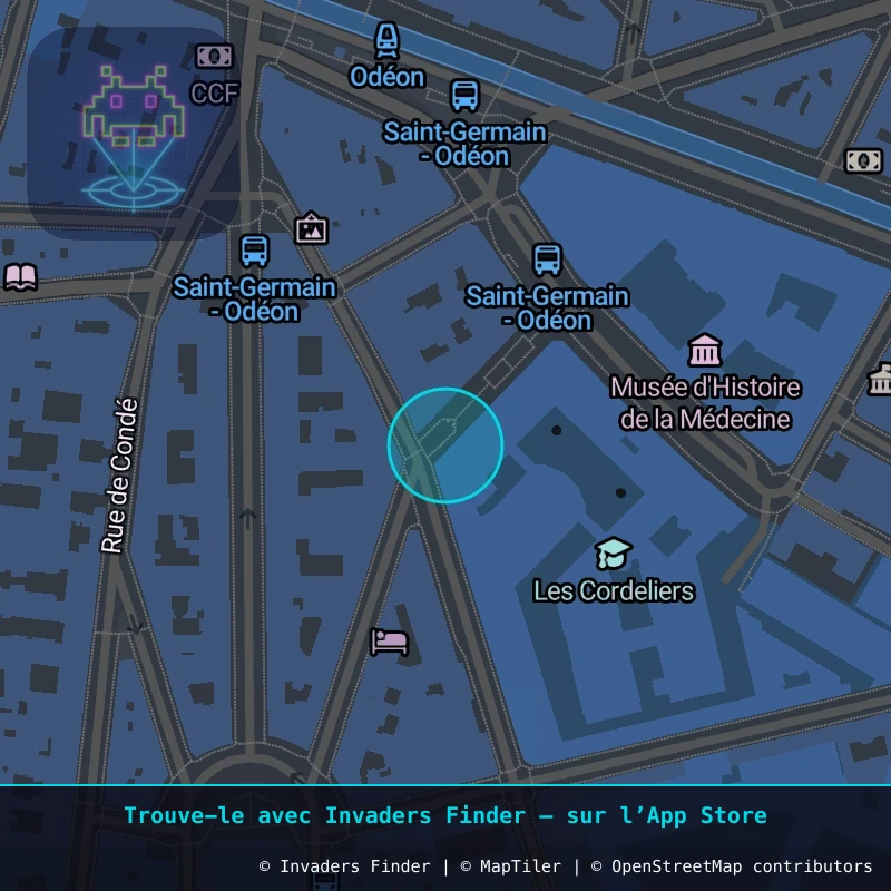Zone approximative de l'invader PA_229, dans le quartier 6e arrondissement de Paris à Paris. Emplacement exact disponible dans l'app Invaders Finder.